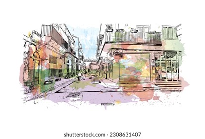 Building view with landmark of  Ragusa is a city and comune in southern Italy. Watercolor splash with hand drawn sketch illustration in vector.