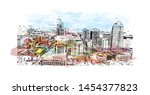 Building view with landmark of Raleigh is the capital city of North Carolina. Watercolor splash with Hand drawn sketch illustration in vector.