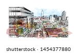 Building view with landmark of Raleigh is the capital city of North Carolina. Watercolor splash with Hand drawn sketch illustration in vector.