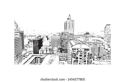 Building view with landmark of Raleigh is the capital city of North Carolina. Hand drawn sketch illustration in vector.