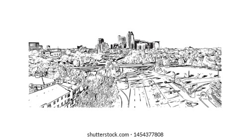 Building view with landmark of Raleigh is the capital city of North Carolina. Hand drawn sketch illustration in vector.