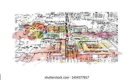 Building view with landmark of Raleigh is the capital city of North Carolina. Watercolor splash with Hand drawn sketch illustration in vector.