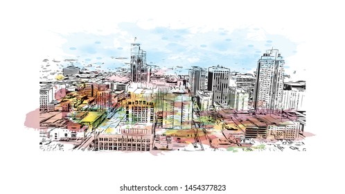 Building view with landmark of Raleigh is the capital city of North Carolina. Watercolor splash with Hand drawn sketch illustration in vector.