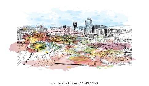 Building view with landmark of Raleigh is the capital city of North Carolina. Watercolor splash with Hand drawn sketch illustration in vector.