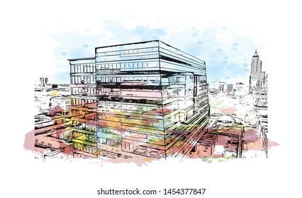 Building view with landmark of Raleigh is the capital city of North Carolina. Watercolor splash with Hand drawn sketch illustration in vector.