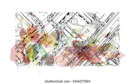 Building view with landmark of Raleigh is the capital city of North Carolina. Watercolor splash with Hand drawn sketch illustration in vector.