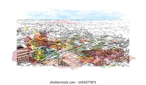 Building view with landmark of Raleigh is the capital city of North Carolina. Watercolor splash with Hand drawn sketch illustration in vector.