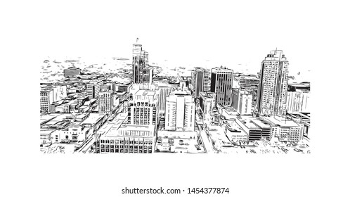 Building view with landmark of Raleigh is the capital city of North Carolina. Hand drawn sketch illustration in vector.