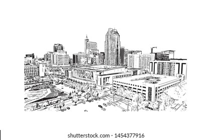 Building view with landmark of Raleigh is the capital city of North Carolina. Hand drawn sketch illustration in vector.