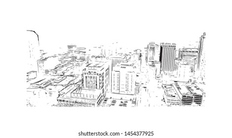 Building view with landmark of Raleigh is the capital city of North Carolina. Hand drawn sketch illustration in vector.