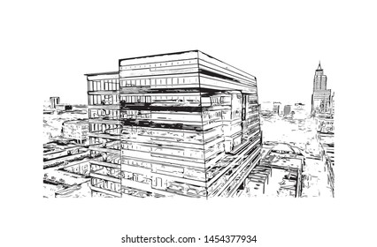 Building view with landmark of Raleigh is the capital city of North Carolina. Hand drawn sketch illustration in vector.