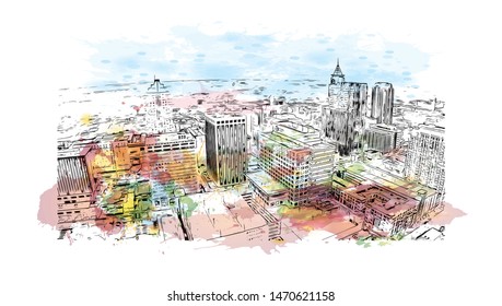 Building view with landmark of Raleigh is the capital city of North Carolina. Watercolor splash with Hand drawn sketch illustration in vector.