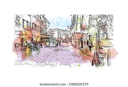  El municipio de Italia cuenta con vistas a los monumentos de Rapallo. Salto de color de agua con ilustración de esbozo dibujada a mano en vector.
