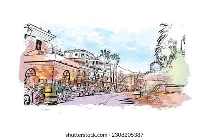  El municipio de Italia cuenta con vistas a los monumentos de Rapallo. Salto de color de agua con ilustración de esbozo dibujada a mano en vector.
