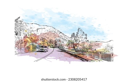  Building view with landmark of  Rapallo is the municipality in Italy. Watercolor splash with hand drawn sketch illustration in vector.
