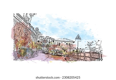  Building view with landmark of  Rapallo is the municipality in Italy. Watercolor splash with hand drawn sketch illustration in vector.
