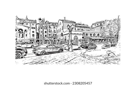  Building view with landmark of  Rapallo is the municipality in Italy. Hand drawn sketch illustration in vector.
