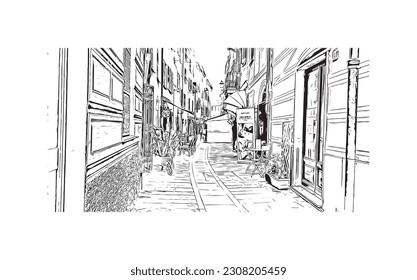  Building view with landmark of  Rapallo is the municipality in Italy. Hand drawn sketch illustration in vector.
