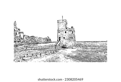  Building view with landmark of  Rapallo is the municipality in Italy. Hand drawn sketch illustration in vector.
