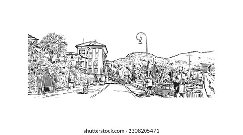  El municipio de Italia cuenta con vistas a los monumentos de Rapallo. Dibujo a mano de ilustración de esbozo en vector.
