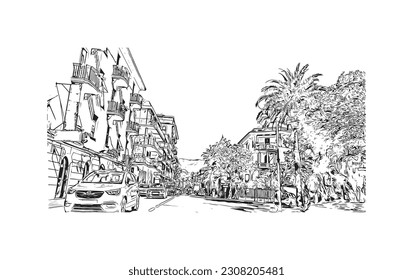  Building view with landmark of  Rapallo is the municipality in Italy. Hand drawn sketch illustration in vector.
