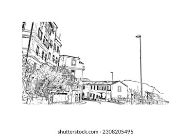  Building view with landmark of  Rapallo is the municipality in Italy. Hand drawn sketch illustration in vector.
