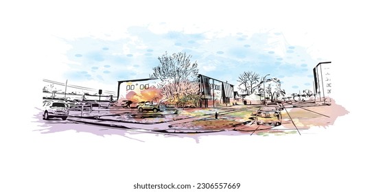 Building view with landmark of   Rapid is the city in South Dakota. Watercolor splash with hand drawn sketch illustration in vector.