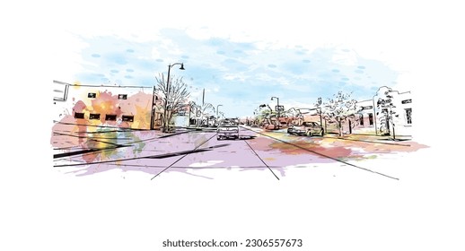 Building view with landmark of   Rapid is the city in South Dakota. Watercolor splash with hand drawn sketch illustration in vector.