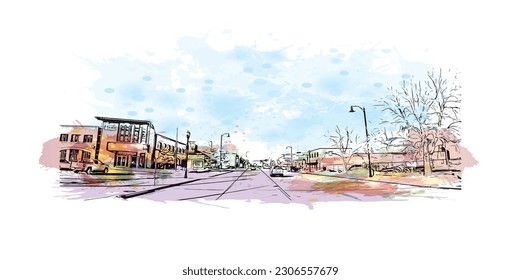 Bauansicht mit Wahrzeichen von   Rapid ist die Stadt in South Dakota. Aquarellspritzer mit handgezeichneter Skizzengrafik in Vektorgrafik.