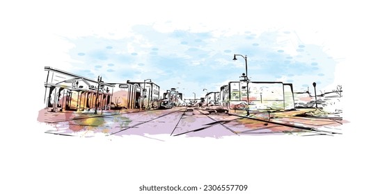 Building view with landmark of   Rapid is the city in South Dakota. Watercolor splash with hand drawn sketch illustration in vector.