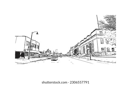 Vista de edificio con punto de referencia de   Rapid es la ciudad de Dakota del Sur. Dibujo a mano de ilustración de esbozo en vector.