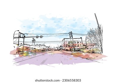 Vista de edificio con punto de referencia de   Rapid es la ciudad de Dakota del Sur. Salto de color de agua con ilustración de esbozo dibujada a mano en vector.