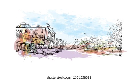 Building view with landmark of   Rapid is the city in South Dakota. Watercolor splash with hand drawn sketch illustration in vector.