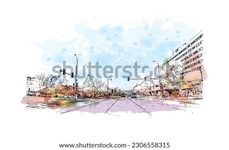 Building view with landmark of   Rapid is the city in South Dakota. Watercolor splash with hand drawn sketch illustration in vector.