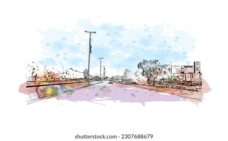 Building view with landmark of Ras Al Khaimah is the city in United Arab Emirates. Watercolor splash with hand drawn sketch illustration in vector.