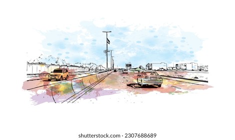 Building view with landmark of Ras Al Khaimah is the city in United Arab Emirates. Watercolor splash with hand drawn sketch illustration in vector.