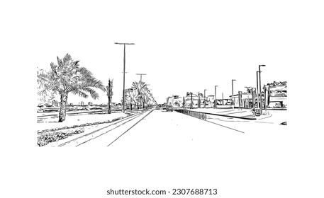 Building view with landmark of Ras Al Khaimah is the city in United Arab Emirates. Hand drawn sketch illustration in vector.