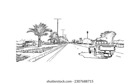 Building view with landmark of Ras Al Khaimah is the city in United Arab Emirates. Hand drawn sketch illustration in vector.