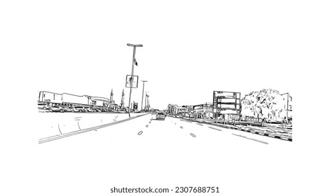 Building view with landmark of Ras Al Khaimah is the city in United Arab Emirates. Hand drawn sketch illustration in vector.