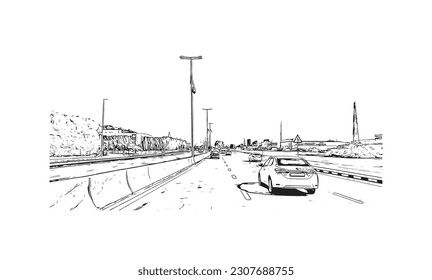 Building view with landmark of Ras Al Khaimah is the city in United Arab Emirates. Hand drawn sketch illustration in vector.