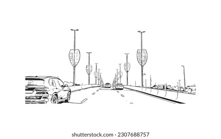 Construir vistas con el punto de referencia de Ras Al Khaimah es la ciudad de los Emiratos Árabes Unidos. Dibujo a mano de ilustración de esbozo en vector.