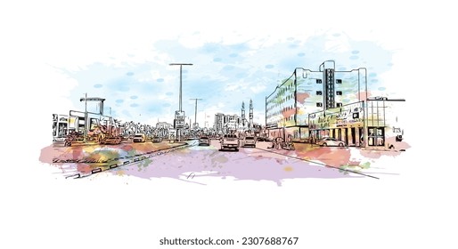 Building view with landmark of Ras Al Khaimah is the city in United Arab Emirates. Watercolor splash with hand drawn sketch illustration in vector.