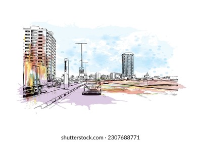 Building view with landmark of Ras Al Khaimah is the city in United Arab Emirates. Watercolor splash with hand drawn sketch illustration in vector.