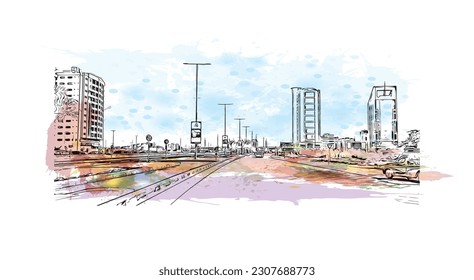 Building view with landmark of Ras Al Khaimah is the city in United Arab Emirates. Watercolor splash with hand drawn sketch illustration in vector.