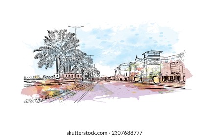 Building view with landmark of Ras Al Khaimah is the city in United Arab Emirates. Watercolor splash with hand drawn sketch illustration in vector.