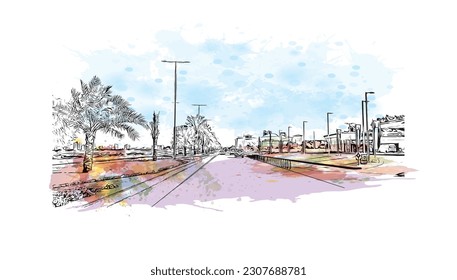 Building view with landmark of Ras Al Khaimah is the city in United Arab Emirates. Watercolor splash with hand drawn sketch illustration in vector.