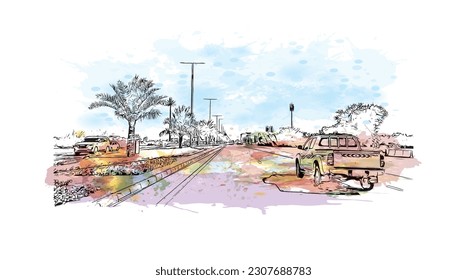 Construir vistas con el punto de referencia de Ras Al Khaimah es la ciudad de los Emiratos Árabes Unidos. Salto de color de agua con ilustración de esbozo dibujada a mano en vector.