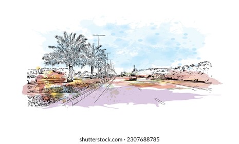 Building view with landmark of Ras Al Khaimah is the city in United Arab Emirates. Watercolor splash with hand drawn sketch illustration in vector.