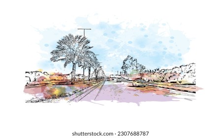 Die Stadt in den Vereinigten Arabischen Emiraten ist ein Wahrzeichen von Ras Al Khaimah. Aquarellspritzer mit handgezeichneter Skizzengrafik in Vektorgrafik.