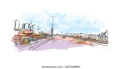 Construir vistas con el punto de referencia de Ras Al Khaimah es la ciudad de los Emiratos Árabes Unidos. Salto de color de agua con ilustración de esbozo dibujada a mano en vector.